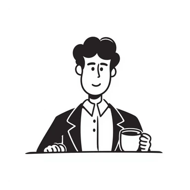 Office boss sitting at desk with coffee mug, looking authoritative sticker