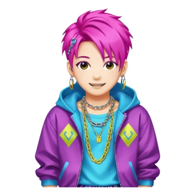  portrait-of-young-monster-idol-in-kpop-style,-wearing-flashy-streetwear-outfit,-colorful-dyed-hair,-confident-pose,-accessorized-with-chains- sticker
