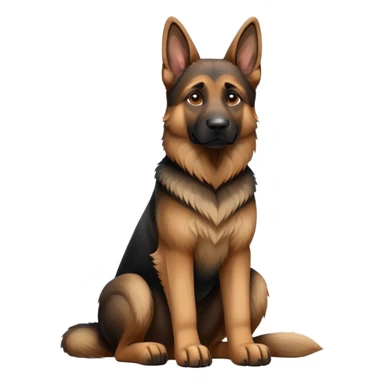 cinematic-[german shepherd]-realistic-full-body-sitting-emoji,-tail-resting-loosely-beside-its-paws,-head-tilted-dramatically,-sleek-[brown and black]-fur,-simplified-yet-realistic-focused-features,-highly-detailed,-glowing-with-an-almost-sarcastic-glow sticker