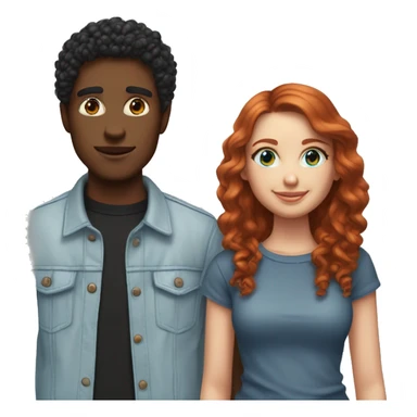 do couples with the girl having short/ medium length red hair and blue eyes, skin not super fair but light and the boy having same skin tone, black curly hair and brown eyes. If emojis of them standing do streetstyle clothing for both.  sticker