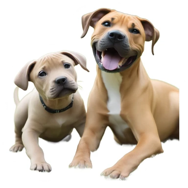 Black mouth cur puppy next to black and white smiling pit bull sticker