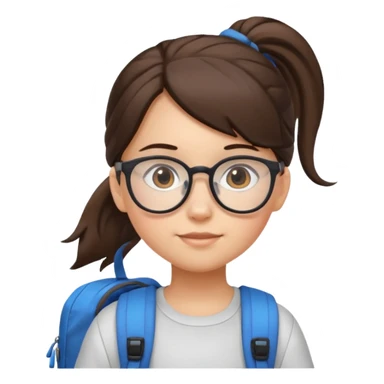 student brunet kid girl, ponytail wearing glasses with backpack sticker