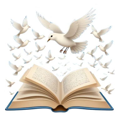 Icon for Poetry Reading: an open book with pages flying out, transforming into a large flock of small white birds soaring into the blue sky. The icon should evoke the freedom and beauty of poetic expression. Transparent background. sticker