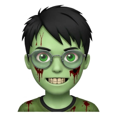 Zombie emo boy, green skin and black hair, chrome heart glasses and a scary smile, scars and blood under eyes sticker
