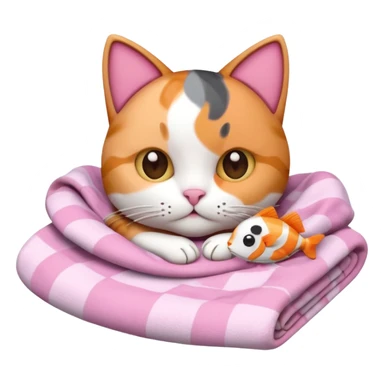 3D iOS-style Apple emoji of a cute calico cat with brown and gray patches, lying in pink blankets, holding a phone with a fishbone icon, cozy and soft scene, cat's face peeking out from the blankets sticker