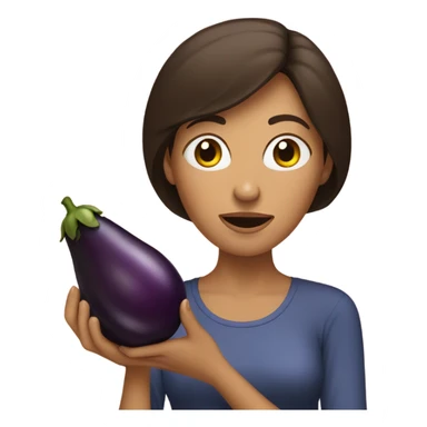 Brunette eating an eggplant sticker