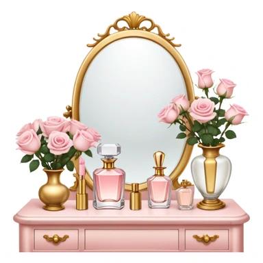A romantic scene of a vintage vanity with a glass vase of light pink roses and golden perfume bottles sticker