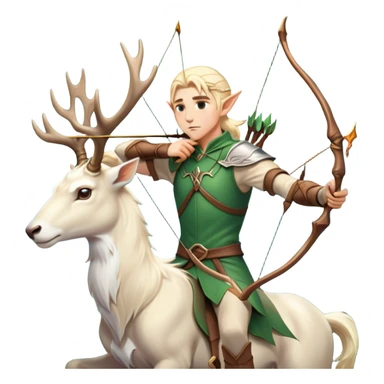 clash-of-clans-aesthetic-blond-male elf-archer-portrait-emoji, rendered in a flat, vector-style with minimal shading and bold holding his bow, simplified shapes, head tilted slightly forward with a determined, focused expression, riding a majestic white stag whose antlers glow with mystical energy, set against an ancient, enchanted forest backdrop. sticker