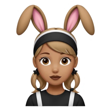 "A tan-skinned person with a high brown ponytail wearing a headband with black bunny ears. The character is dressed in a stylish black outfit. The emoji style should be cute, expressive, and modern — simple but detailed enough to show the ponytail, bunny ears, and outfit clearly." sticker