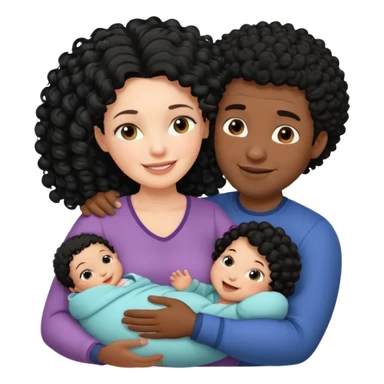 family: white woman curly black hair, black man with short black frizz hair, one 2 y o daughter mixed skin color , and a newborn in the and of the mother sticker