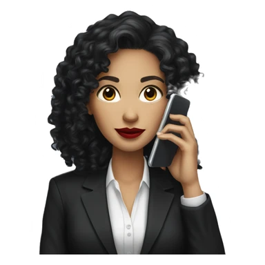 corporate white woman, red lipstick, long black curly hair, with a phone, black blazer  sticker