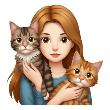 A beautiful girl with fair skin and long hair is holding a tabby cat and a Maine Coon cat sticker
