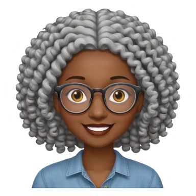 smiling dark black woman wearing glasses with lots of curly gray hair a sticker