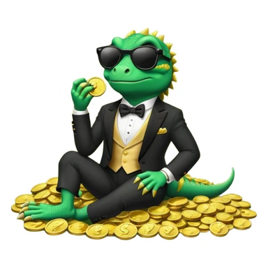capitalist iguana banker in tuxedo and black sunglasses lying comfortly on coins sticker