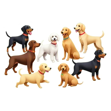 Collage of various dog breeds like Doberman, Poodle, Dachshund, and Golden Retriever, playing in a park with trees and grass. Some dogs run, others sit, all are full of energy and happiness. A joyful, colorful scene with playful expressions. Transparent background. sticker