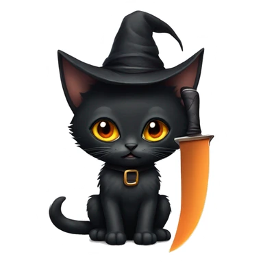 Black kitten with orange eyes with a witch hat and a knife sticker