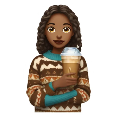 A girl in an oversized and patterned sweater with an iced coffee sticker