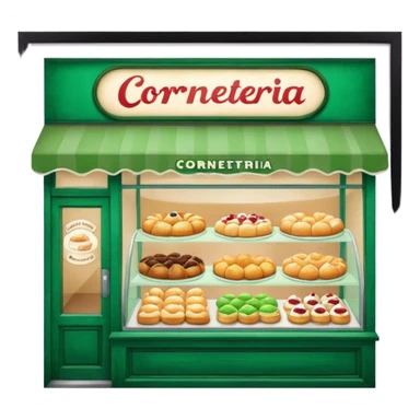 The image shows the front window of a bakery named "Cornetteria". The window is framed by a green wooden frame and has a sign above it that reads "CORNETTERIA".  sticker