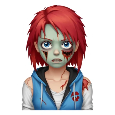 сделай рыжую девушку зомби с избитым лицом, не в полный рост, пусть ее рыжие волосы будут ниже груди с осветленными прядями, глаза у нее будут голубые, а одета она будет в дранную белую майку и черную зип худи sticker