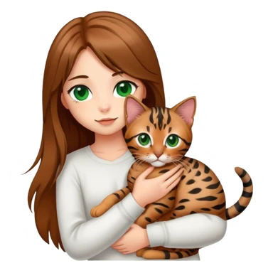 a girl with green eyes and long straight brown hair holds a bengal kitten in her arms sticker
