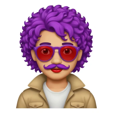 purple haired, curly big haired mexican boy with red sunglassess, vrey cool and lipstick and mstache sticker