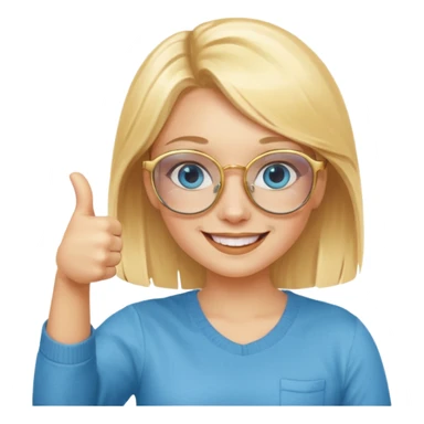 une fille blonde au yeux bleus avec des lunette dorée assez grande joyeuse avec un pouce lever sticker