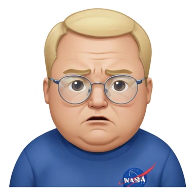 angry fat man, crying like a kid,  blond short and hight receding hairline, wearing a dark blue sweatshirt, nasa logo on the sweatshirt, round glasses without frame, 40 years old sticker