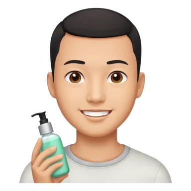 try different skincare products for chinese man with buzz cut (short black hair) doing skincare sticker