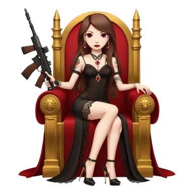 Lilith female red eyes symbol. Tattoo arms. Her hair is brown straight long hair.wearing sexy long  lace dress with slit. black stiletto platform high heels shoes on. Sitting on gold throne with rubies sniper rifle in one hand cash in other hand sticker