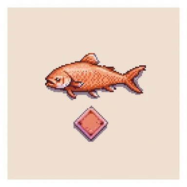 Minecraft salmon fish item texture, eye pointing down-left at 45-degree angle, orange-pink color, simple square texture, pixel art style sticker