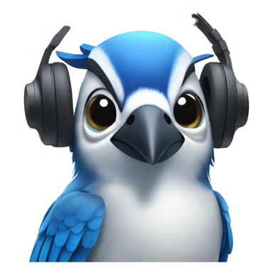 blue jay listening to music on headphones with a happy face sticker
