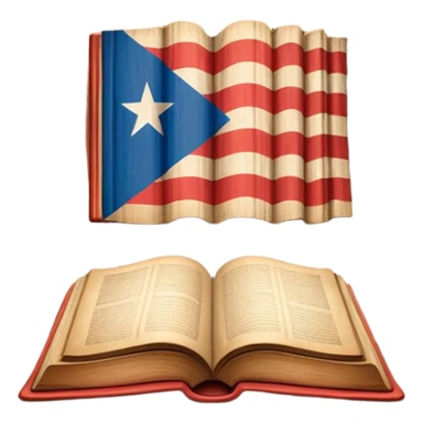 Ancient book with Puerto Rican flag subtly integrated on cover, carved wooden theater curtains symbol, warm vintage textures, soft glow representing timelessness and theatrical design heritage sticker