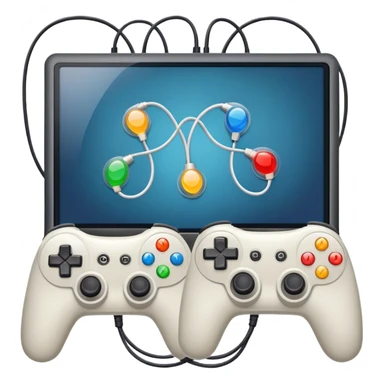 An icon showing two monitors with gaming interfaces, connected by a wire. Each monitor displays a different game screen, with two gamepads placed nearby, symbolizing multiplayer gameplay. transparent background. sticker