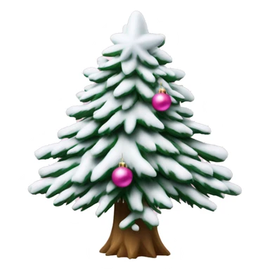 Snow covered pine Christmas tree with pink ornaments and snowflake star sticker