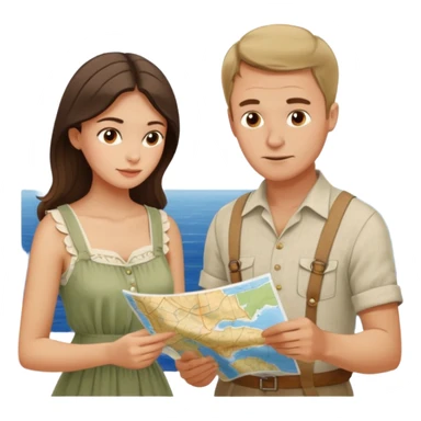 Russian man and elegant Spanish girl in costal outfits with a map planning  sticker