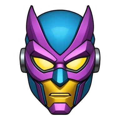 "Stylized sticker of a mechanical superhero mask, urban graffiti style, sharp edges, neon light accents, thick contour lines, high contrast, matte finish, isolated on white." sticker
