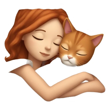 A white girl with brown hair sleeps with a red cat in a blanket sticker