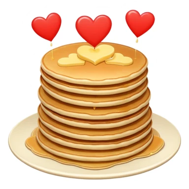 8 pancakes pilled up with butter on top and two little red hearts on the air sticker