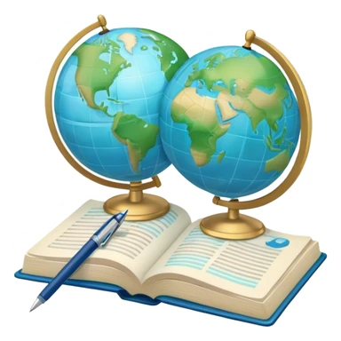 Create an emoji representing language translation. The design should feature just one globe in the background, symbolizing international communication. In front of the globe, place two opened books with texts on them and a pen nearby to indicate the act of writing. Use a clean and professional color palette with blues, greens, and neutral tones. Make the background transparent. sticker