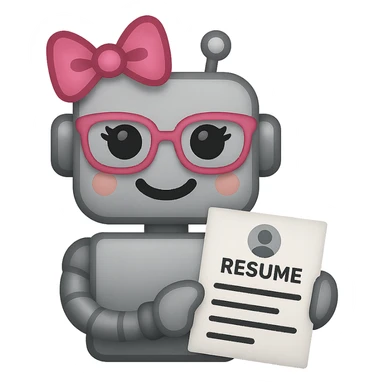 Make the recruiter robot emoji even cuter and more feminine with different hairstyles and accessories like bows or glasses. Style should be apple style, flat, and metallic. The robot is smiling and holding a resume. Transparent background. sticker