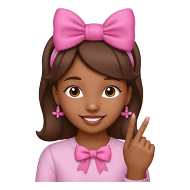 Chica morena sonriendo con un lazo rosa en la cabeza y mordiendose la punta del dedo indice con delicadeza sticker