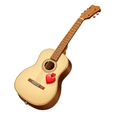 “Flat vector icon of a Cuban tres guitar in three-quarter view, warm brown, thick outline, centered on a warm cream or beige rounded-square (or circle); near the soundboard add a small red or pink heart with a soft glow and 2–3 tiny sparkles to suggest ‘soul’.  sticker