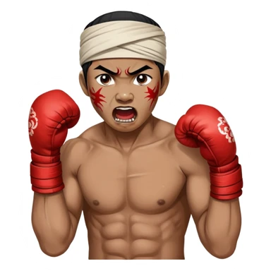A traditional Lethwei fighter with wrapped bare fists and a traditional Burmese headband (gaung baung), shouting with fierce intensity, blood mark on glove, gritty and raw appearance, Burmese boxing sticker