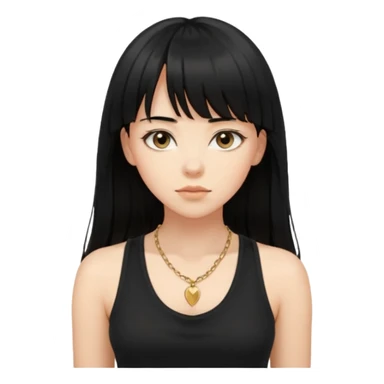 alrighht here’s just the person described for your emoji ai prompt:

> young woman, long black hair with bangs, soft expression, wearing a black tank top and gold necklace, confident pose, natural beauty, warm lighting on face, slightly tousled hair



lmk if u want it more detailed or stylized 🔥
 sticker