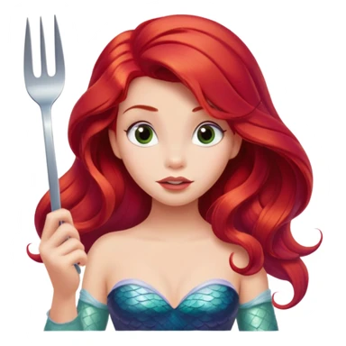 Disney Ariel mermaid with red hair holding a fork, curious expression sticker