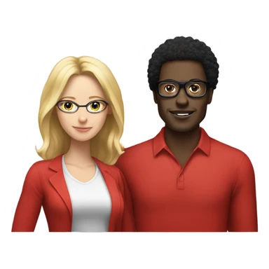 “black man with black afro and glasses and wearing a long sleeved red shirt standing next to a white woman with long blonde hair” sticker