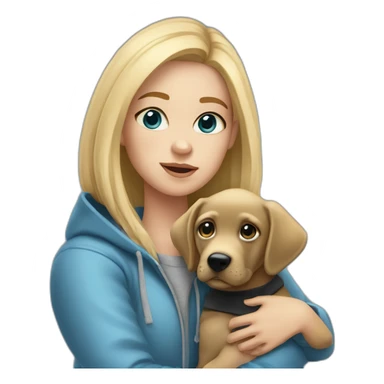 A blonde girl  with blues eyes, with smooth hair and a ray,she has light skin a few freckles, and she wear a hoodies and she Carries in his arms a black baby labrador dog  sticker