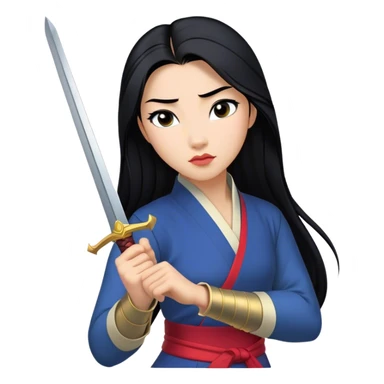 Cinematic Realistic Mulan Portrait, depicted with lifelike skin texture, soft natural lighting, and intricately detailed long black hair styled elegantly. Her deep, expressive eyes exude determination and grace, complemented by a serene yet confident expression. She stands with one hand resting on the hilt of her sword, the other by her side, exuding strength and poise. She is dressed in her classic attire, with rich fabric textures and delicate folds that catch the light beautifully. The portrait features a soft, enchanting glow with a natural, radiant finish, capturing the essence of timeless strength and beauty in a realistic and painterly style, evoking a sense of depth and authenticity. sticker
