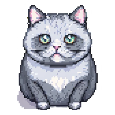 a chubby gray cat with big eyes, pixel art style sticker