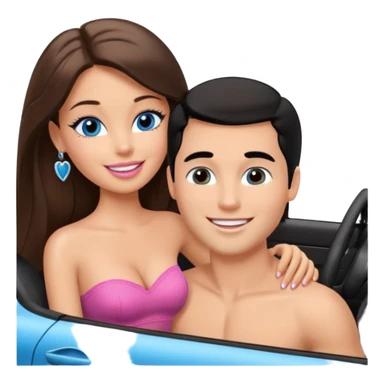 Barbie brown girl with brown eyes long brown hair and sexy shirtless white man with black hair blue eyes kissing in car sticker